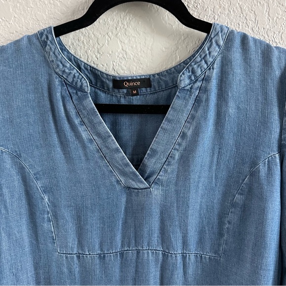 Quince Chambray TENCEL Tiered Long Sleeve Mini Dress Blue Medium - Picture 4 of 13